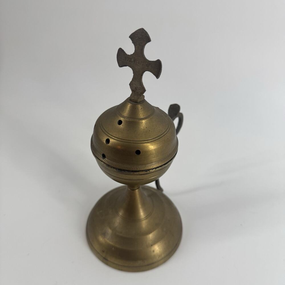 Brass Vtg Christian Orthodox Incense Burner Censer Small Cross Top Church Greece